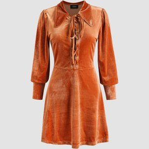 NWT Cider Velvet Tie-Front Mini-Dress Orange Retro Collar Size Large